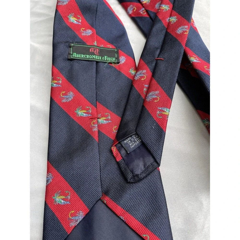 Ambercromie & Fitch Necktie Mens Fishing Lure Red Blue Stripped Pattern Silk